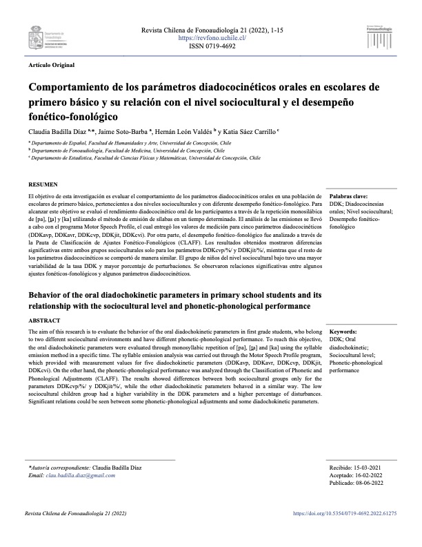 portada del artículo: Comportamiento de los parámetros diadococinéticos orales en escolares de primero básico y su relación con el nivel sociocultural y el desempeño fonético-fonológico