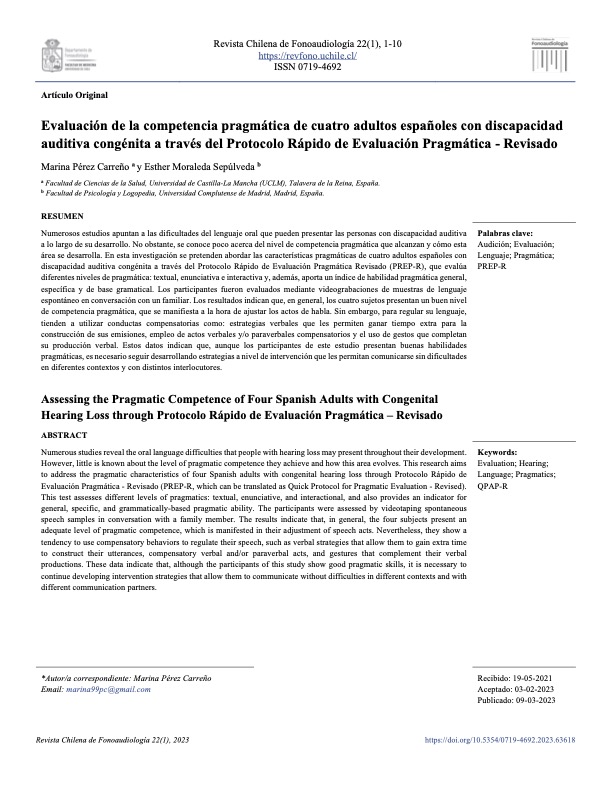 portada Evaluación de la competencia pragmática de cuatro adultos españoles con discapacidad auditiva congénita a través del Protocolo Rápido de Evaluación Pragmática - Revisado