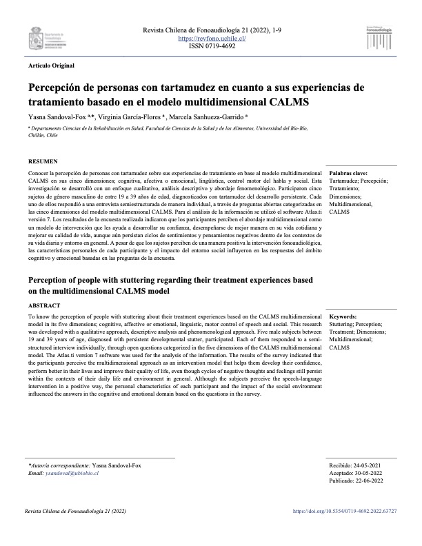 artículo Percepción de personas con tartamudez en cuanto a sus experiencias de tratamiento basado en el modelo multidimensional CALMS