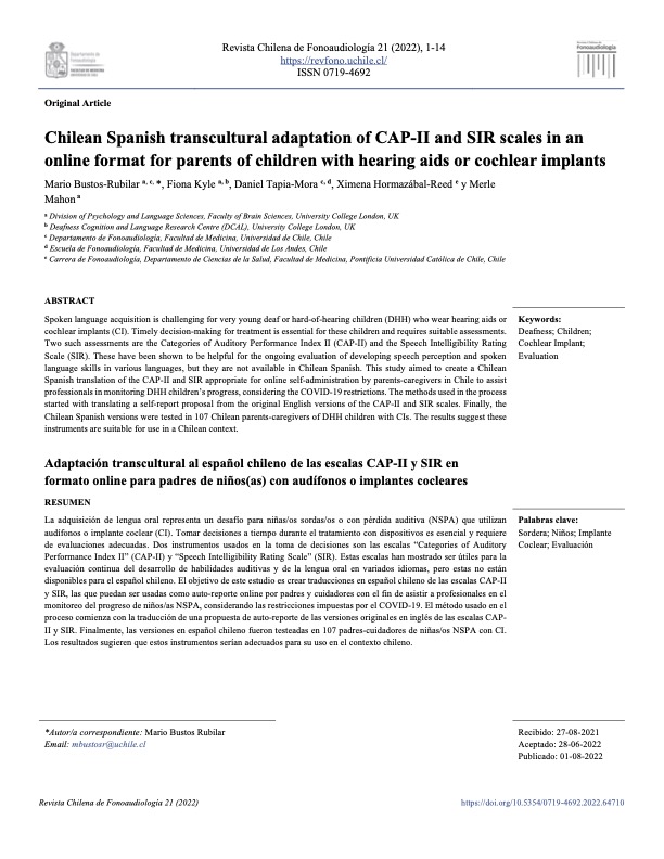 artículo Adaptación transcultural al español chileno de las escalas CAP-II y SIR en formato online para padres de niños(as) con audífonos o implantes cocleares