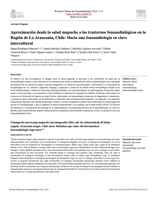 portada "Aproximación desde la salud mapuche a los trastornos fonoaudiológicos en la Región de La Araucanía, Chile: Hacia una fonoaudiología en clave intercultural"