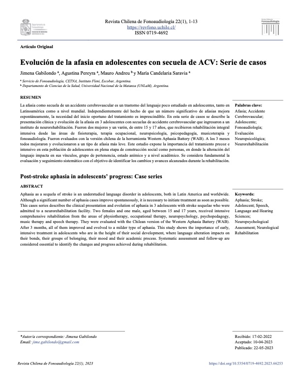 portada artículo "Evolución de la afasia en adolescentes con secuela de ACV: Serie de casos