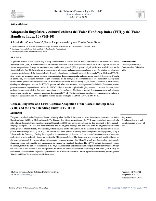 portada "Adaptación lingüística y cultural chilena del Voice Handicap Index (VHI) y del Voice Handicap Index 10 (VHI-10)"