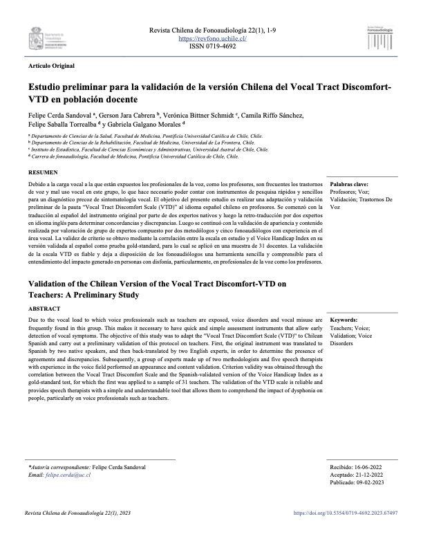 portada "Estudio preliminar para la validación de la versión Chilena del Vocal Tract Discomfort- VTD en población docente"