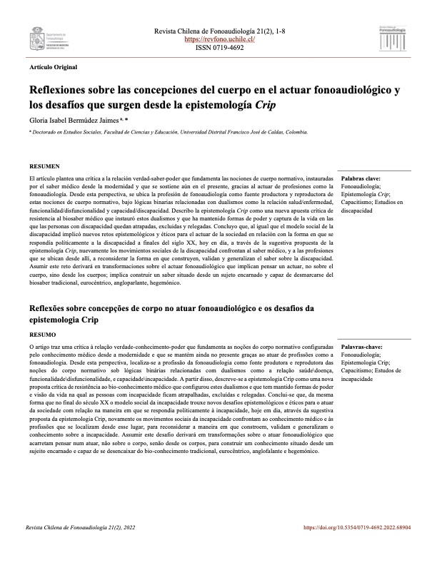 portada "Reflexiones sobre las concepciones del cuerpo en el actuar fonoaudiológico y los desafíos que surgen desde la epistemología Crip"