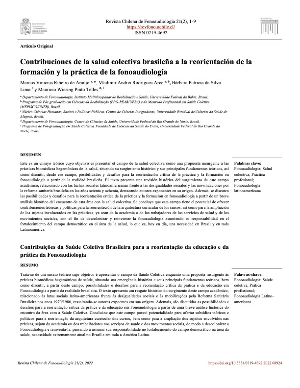 portada articulo Contribuciones de la salud colectiva brasileña a la reorientación de la formación y la práctica de la fonoaudiología